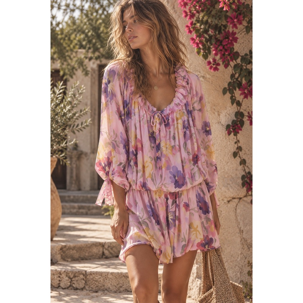 Mare Mare Pink Floral Ruffle Neck Long Sleeve Romper Dress XS